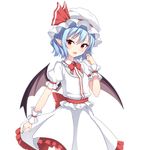  arm_garter bat_wings blue_hair bow bowtie cowboy_shot fang frilled_hat frilled_shirt frilled_skirt frilled_sleeves frills hat hat_ribbon highres junior27016 looking_at_viewer mob_cap open_mouth pointy_ears puffy_short_sleeves puffy_sleeves red_bow red_eyes red_neckwear red_ribbon red_sash remilia_scarlet ribbon sash shirt short_hair short_sleeves simple_background skirt smile solo touhou white_background white_hat white_shirt white_skirt wings wrist_cuffs 