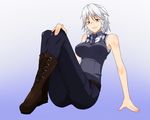  alternate_costume arm_support bad_id bad_pixiv_id bare_shoulders blue_background boots braid breasts denim full_body gradient gradient_background izayoi_sakuya jeans large_breasts long_legs minakami necktie pants silver_eyes silver_hair sitting sleeveless solo touhou twin_braids 