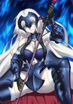  armor armored_dress armpits arms_up bare_shoulders black_gloves bnc_(bunshi) boots bra breasts chain cleavage commentary_request elbow_gloves fate/grand_order fate_(series) gloves greaves headpiece highres holding holding_sword holding_weapon jeanne_d'arc_(alter)_(fate) jeanne_d'arc_(fate)_(all) knee_boots lace lace-trimmed_bra large_breasts long_hair looking_at_viewer pale_skin parted_lips reverse_grip shaded_face sitting smile solo spread_legs sword underwear vambraces very_long_hair weapon white_hair 