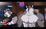  2016 abs beverage biceps blue_eyes blush breasts burger canine clothing female food fries headband inside male mammal model_sheet muscular muscular_male neon_lights overweight pecs shirt slightly_chubby smile soda terminator wolf xxsparcoxx 