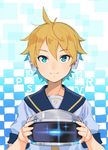  blonde_hair blue_eyes checkered checkered_background cowlick eyebrows eyebrows_visible_through_hair gradient gradient_background hair_between_eyes headphones holding kagamine_len looking_at_viewer male_focus playstation_vr sagami_hako smile solo upper_body vocaloid vr_visor 