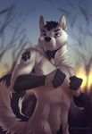  5_fingers anthro beard black_hair black_nose blurred_background canine detailed_background facial_hair fur hair koul male mammal navel nude pale_eyes solo standing white_fur wolf 