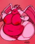  2016 big_breasts blush breasts candice_(neon_lizard) digital_media_(artwork) dragon embarrassed female hi_res huge_breasts looking_at_viewer muttninja nipples nude obese overweight pink_background pink_belly pink_scales pink_skin pussy red_eyes scales scalie simple_background solo standing thick_thighs wide_hips wings 