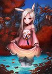  animal_ears autumn autumn_leaves bare_shoulders bunny_ears detached_sleeves dress elin_(tera) highres leaf long_hair madan_(kkh8936) pink_dress pink_eyes silver_hair skirt_basket skirt_hold smile solo strapless strapless_dress tera_online thighhighs tree wading water white_legwear 