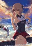  absurdres aircraft bike_shorts brown_hair fairy_(kantai_collection) fish headgear highres kantai_collection multiple_girls ocean partially_submerged reppuu_(kantai_collection) riding short_hair sitting sky sunset taihou_(kantai_collection) wariza water wet worst_(am-worst) yellow_eyes 