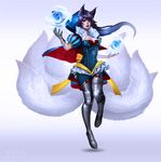  ahri animal_ears artstation_sample black_hair blue_flower blue_rose boissb boots breasts cleavage commentary cosplay flower fox_ears fox_girl fox_tail full_body gloves image_sample league_of_legends medium_breasts multiple_tails orb puff_and_slash_sleeves puffy_sleeves rose single_glove slit_pupils snow_white snow_white_(cosplay) snow_white_and_the_seven_dwarfs solo tail thigh_boots thighhighs whisker_markings yellow_eyes 