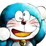  1:1 2017 anthro bell blue_body blue_fur blush collar digital_media_(artwork) domestic_cat doraemon doraemon_(character) felid feline felis front_view fur looking_at_viewer machine male mammal mt_tg one_eye_closed open_mouth raised_arms red_collar red_nose robot shaded simple_background solo standing tongue whiskers white_background white_body white_fur 