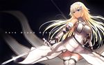  armor armored_dress bare_shoulders blonde_hair breasts bu_li chain copyright_name elbow_gloves fate/apocrypha fate/grand_order fate_(series) gauntlets glint gloves greaves headpiece highres holding holding_sword holding_weapon jeanne_d'arc_(fate) jeanne_d'arc_(fate)_(all) long_hair looking_away medium_breasts parted_lips solo sword thighhighs weapon white_legwear 