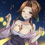  artist_name bare_shoulders between_breasts blush breasts brown_eyes brown_hair cleavage dutch_angle embarrassed fish goldfish hair_intakes highres japanese_clothes jintsuu_(kantai_collection) kantai_collection kimono large_breasts off_shoulder one_eye_closed open_mouth poi_(goldfish_scoop) ponytail sarashi short_ponytail signature solo summer_festival sweatdrop tears the-sinner wavy_mouth wince yukata 