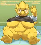  2016 alphys big_breasts blueblaster blush breasts clothing eyewear female glasses jacket looking_at_viewer pussy reptile scalie scientist shirt slightly_chubby teeth undertale video_games waving 