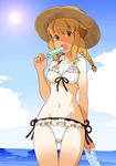  bikini braid breasts cloud collarbone day fang food frilled_bikini frills hat head_tilt highres holding holding_food kure_(oshidashi-shiki_missile) long_hair looking_at_viewer medium_breasts mole mole_under_eye navel open_mouth orange_eyes orange_hair original outdoors popsicle side-tie_bikini sky solo standing straw_hat sun sunlight swimsuit tan tanline thigh_gap twin_braids water white_bikini wrapper 