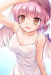  alternate_costume animal_ears arm_up armpits bare_arms bird_wings blush breasts brown_eyes cleavage collarbone commentary_request dress hat leaning_forward looking_at_viewer lzh medium_breasts mob_cap mystia_lorelei open_mouth pink_hair short_hair solo sundress sweat touhou upper_body white_dress wings 