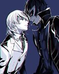  akechi_gorou amamiya_ren blue_background domino_mask double-breasted eye_contact highres looking_at_another male_focus mask monochrome multiple_boys necktie obo persona persona_5 profile simple_background smile upper_body 