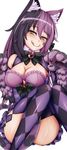  :q absurdres animal_ears argyle argyle_legwear artist_name ass bell bow bowtie breasts cat_ears cat_tail cheshire_cat_(monster_girl_encyclopedia) claws cleavage facial_mark full_body fur hair_bow highres jingle_bell large_breasts long_hair looking_at_viewer monster_girl monster_girl_encyclopedia multicolored_hair paw_pose paws purple_hair raised_eyebrows shiny shiny_skin simple_background slit_pupils smile solo striped_tail tail thighhighs tongue tongue_out two-tone_hair watermark white_background wlper yellow_eyes 