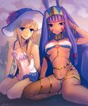  1other :d androgynous animal_ears ayamatazu blonde_hair blue_eyes bracelet breasts chevalier_d'eon_(fate/grand_order) dark_skin earrings fate/grand_order fate_(series) hat jackal_ears jewelry long_hair medium_breasts navel nitocris_(fate/grand_order) open_mouth purple_eyes purple_hair sidelocks sitting small_breasts smile 
