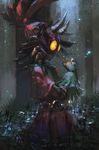  belt brown_gloves dark elbow_gloves forest gloves glowing glowing_eyes green_eyes highres horns light_particles male_focus mask nature o-ring outdoors plant pond rounin_(amuza) skull_kid solo the_legend_of_zelda the_legend_of_zelda:_majora's_mask wading water yellow_sclera 