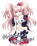  blue_eyes bow bunny_hair_ornament danganronpa danganronpa_3 enoshima_junko hair_bow hair_ornament long_hair looking_at_viewer minamibe monokuma necktie parted_lips red_skirt skirt smile spoilers standing translation_request twintails white_background white_neckwear 