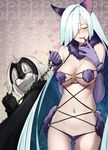  animal_ears ass_visible_through_thighs big_hair black_nails blonde_hair blush bound bound_wrists breasts brynhildr_(fate) chain cleavage cloak cosplay cowboy_shot dangerous_beast elbow_gloves fate/grand_order fate/prototype fate/prototype:_fragments_of_blue_and_silver fate_(series) fingernails fur_trim gag gagged gloves groin hair_over_one_eye halloween_costume headpiece improvised_gag jeanne_d'arc_(alter)_(fate) jeanne_d'arc_(fate)_(all) large_breasts long_fingernails long_hair looking_at_another mash_kyrielight mash_kyrielight_(cosplay) multiple_girls nail_polish navel parted_lips purple_gloves revealing_clothes shijiu_(adamhutt) short_hair silver_hair smile stomach tape tape_gag tears trembling very_long_hair wolf_ears yellow_eyes you_gonna_get_raped yuri 