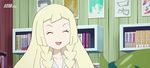  1girl animated animated_gif blonde_hair bounsweet lillie_(pokemon) pokemon pokemon_(anime) scared 