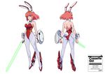  ass blue_eyes bunny_ears bunnysuit cassette_girl character_sheet copyright_name energy_sword gloves highres official_art pink_hair shield solo turn_around weapon 