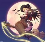  alternate_costume ass bat breasts broom broom_riding carmessi cleavage flying hat highres huge_breasts mercy_(overwatch) night night_sky overwatch sidesaddle sky solo thick_thighs thighhighs thighs witch_hat witch_mercy 
