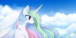 2016 cloud equine eyelashes feathered_wings feathers female feral friendship_is_magic hair horn long_hair mammal momomistress multicolored_hair my_little_pony princess_celestia_(mlp) purple_eyes sky smile solo white_feathers winged_unicorn wings 