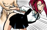  1girl artist_request clothed_female_nude_male doggystyle hair_ornament hair_scrunchie hetero highres kiznaiver nude out_of_frame penis ponytail red_eyes red_hair school_uniform scrunchie sex short_sleeves sketch solo_focus speed_lines surprised takashiro_chidori 