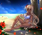  ahoge arm_support bad_id bad_pixiv_id bare_legs barefoot beach bikini blush breasts cleavage cloud cloudy_sky dark_skin flower full_body granblue_fantasy grass hair_flower hair_ornament hibiscus lens_flare lips long_hair medium_breasts ocean outdoors parted_lips petals sitting sky solo stomach sunlight sweat swimsuit thighs toes tree under_tree white_bikini white_hair yuitanpo zooey_(granblue_fantasy) 