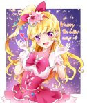 1girl 2018 :d blonde_hair bow corset cure_miracle dated eyebrows_visible_through_hair gloves hair_bow happy_birthday hat long_hair looking_at_viewer mahou_girls_precure! mikorin open_mouth pink_hat pink_neckwear precure purple_eyes red_bow shiny shiny_hair shirt short_sleeves side_ponytail smile solo standing very_long_hair white_gloves white_shirt witch_hat 