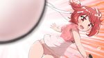  ball bone_hair_ornament hair_ribbon no_pants open_mouth paddle panties pink_panties pink_shirt red_eyes red_hair ribbon shakunetsu_no_takkyuu_musume shirt short_hair short_twintails smile solo t-shirt table_tennis_ball table_tennis_paddle tsumujikaze_koyori twintails underwear wamu_(chartreuse) 