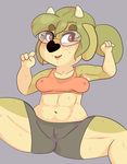  2016 abs anthro armpit_hair armpits athletic black_nose bovine bra breasts camel_toe clothing eyewear female fur glasses green_fur green_hair grey_background hair horn lips maggie_hudson mammal muscular navel nipple_bulge open_mouth raised_arm red_eyes shorts simple_background solo sports_bra sprocket_(artist) sweat thick_thighs underwear 