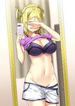  blonde_hair blurry blurry_background bra braid breasts cellphone closed_mouth collarbone covering_eyes covering_face cowboy_shot crown_braid groin highres holding holding_phone indoors large_breasts long_hair love_live! love_live!_sunshine!! midriff mirror navel ohara_mari panties phone purple_bra purple_panties reflection self_shot shiny shiny_skin shirt_lift short_shorts shorts shoulder_cutout sky_(freedom) smartphone smile solo standing stomach underwear white_shorts 
