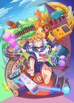  bad_id bad_pixiv_id barefoot blonde_hair blue_eyes blush capri_pants castle claws cloud controller cube full_moon game_boy_color game_controller grin handheld_game_console headphones highres kagamine_len male_focus monster moon nintendo_ds_lite pants playstation_portable potion sagami_hako scroll shield smile staff vocaloid wii_remote 