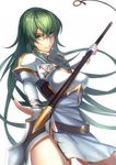  fingerless_gloves fire_emblem fire_emblem:_seisen_no_keifu fury_(fire_emblem) gloves green_eyes green_hair grey_background hair_between_eyes highres holding holding_weapon long_hair machi_wt polearm shoulder_armor simple_background solo spaulders spear weapon white_gloves 