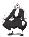  2018 big_breasts bmxii breasts business_suit cartoon_network cleavage clothed clothing cloud crouching ear_piercing ear_ring eyelashes female footwear hair hair_over_eye high_heels humanoid lipstick long_hair makeup mature_female piercing ring shoes signature simple_background solo spread_legs spreading suit the_amazing_world_of_gumball white_background yuki_yoshida 