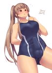  2016 aoba_kazane blush breasts brown_eyes brown_hair bulge cameltoe cowboy_shot dated flying_sweatdrops full-package_futanari futanari keijo!!!!!!!! large_breasts long_hair one-piece_swimsuit penis_under_clothes ponytail sidelocks signature simple_background solo sweatdrop swimsuit very_long_hair white_background zheng 