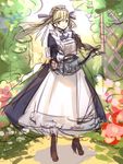  alternate_costume apron black_dress black_eyes black_footwear black_ribbon blonde_hair boots cucouroux_(granblue_fantasy) dress granblue_fantasy hair_ribbon koza_game long_hair lowres maid maid_apron outdoors ribbon smile solo standing twintails 