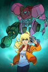  blonde_hair blue_eyes guilhermerm long_hair metroid mole mole_under_mouth parody persona ponytail samus_aran solo strength_(tarot_card) summoning super_smash_bros. tarot varia_suit 