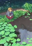  :d ^_^ bangs brown_hair clenched_hand closed_eyes day dress fish grass highres hiko_(scape) hood hood_down hooded_jacket jacket lily_pad long_sleeves open_clothes open_jacket open_mouth original outdoors pond red_dress sitting smile swept_bangs water 