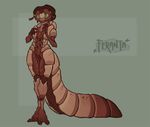  2015 2_toes arthropod beetle brown_body cute digital_drawing_(artwork) digital_media_(artwork) feranta front_view full-length_portrait green_background green_eyes insect morio_worm nude portrait signature simple_background smile standing toes toony 
