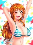  ;d armpits arms_up bad_source bangs bikini bikini_top blush breasts brown_eyes burbur cleavage collarbone covered_nipples large_breasts long_hair looking_at_viewer nami_(one_piece) one_eye_closed one_piece open_mouth red_hair smile solo swimsuit tattoo 