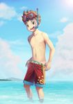  1boy brown_hair goggles looking_at_viewer male_focus monster_hunter monster_hunter_stories nipples ryuuto_(monster_hunter_stories) shota sky smile snorkel solo tan tanline topless undressing water 