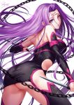  1girl artist_name ass back bangs bare_shoulders black_dress black_legwear breasts chains commentary_request dagger detached_sleeves dress facial_mark fate/stay_night fate_(series) forehead_mark highres large_breasts long_hair looking_at_viewer looking_back purple_eyes purple_hair rider sakiyamama short_dress signature solo strapless strapless_dress thighs very_long_hair weapon 