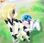  2016 anthro blonde_hair blue_eyes blue_hair blush bovine bucket butt cainethelongshot cattle duo ear_piercing erection farm fellatio fur grass hair horn humanoid_penis icey_snowpaw kneeling lagomorph licking lucy_(lacklustercom) male male/male mammal markings nipping_lip nude oral outside penis piercing precum public rabbit sex shy smile spots spotted_fur standing tongue tongue_out white_fur 