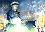 bandage_over_one_eye bandages candle closed_eyes coat fire glowing hair_over_one_eye hat hayame_(m_ayame) male_focus oliver_(vocaloid) sailor_hat smile solo vocaloid 