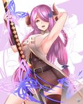  armpits arms_up bare_shoulders belt black_gloves black_legwear braid breasts bug butterfly draph elbow_gloves fingerless_gloves gloves granblue_fantasy hair_ornament hair_over_one_eye highres horns insect katana large_breasts lavender_eyes lavender_hair long_hair looking_at_viewer looking_down narmaya_(granblue_fantasy) nekobox open_mouth pink_pupils sideboob simple_background single_braid single_thighhigh sleeveless solo sword thighhighs weapon 