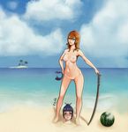  artist_name ass_visible_through_thighs bangs barefoot beach bikini_tan blue_sky blunt_bangs blush bokken breasts breasts_apart buried cash007 cloud cloudy_sky collarbone contrapposto day drooling earrings food fruit green_eyes groin hair_bun hair_ornament hair_stick hand_on_hilt hand_on_hip headband highres holding island jewelry long_hair medium_breasts multiple_girls nail_polish navel nipples nude ocean open_mouth orange_hair original outdoors palm_tree parted_lips peeking pervert purple_hair purple_nails pussy sand shiny shiny_skin sidelocks sky smile sparkle standing stomach sword tan tanline teeth tree uncensored water watermelon weapon wooden_sword yellow_eyes 