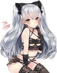  amatsukaze_(kantai_collection) bad_id bad_twitter_id bangs bare_shoulders black_bra black_gloves black_panties blush bra breasts brown_eyes cleavage commentary_request dated frills garter_belt gloves hair_ribbon highres kantai_collection kou_mashiro lace lace-trimmed_thighhighs lingerie long_hair looking_at_viewer navel panties race_limitation_(lingerie) ribbon silver_hair simple_background small_breasts solo thighhighs two_side_up underwear very_long_hair white_background 
