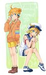  bad_id bad_pixiv_id bare_shoulders blonde_hair blue_eyes boots character_name copyright_name fingers_together full_body green_background hands_together hat headphones hood hoodie kagamine_len looking_at_viewer male_focus multiple_boys oliver_(vocaloid) ponytail ribbon sagami_hako sailor sailor_hat shoes shorts sneakers vocaloid 