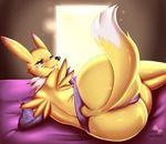  2016 anthro big_butt black_sclera blue_eyes bridal_gauntlets butt butt_shot canine clothed clothing digimon female fox fur half-closed_eyes looking_at_viewer lying mammal neonyx on_side purple_background renamon simple_background smile solo teeth topless tuft underwear white_fur yellow_fur 